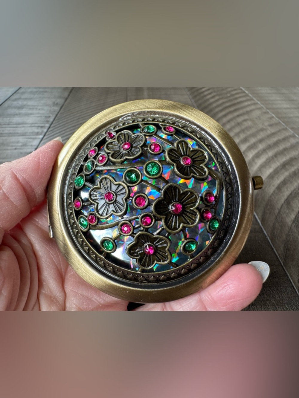 Floral Folding Compact Mirror With Embellishments